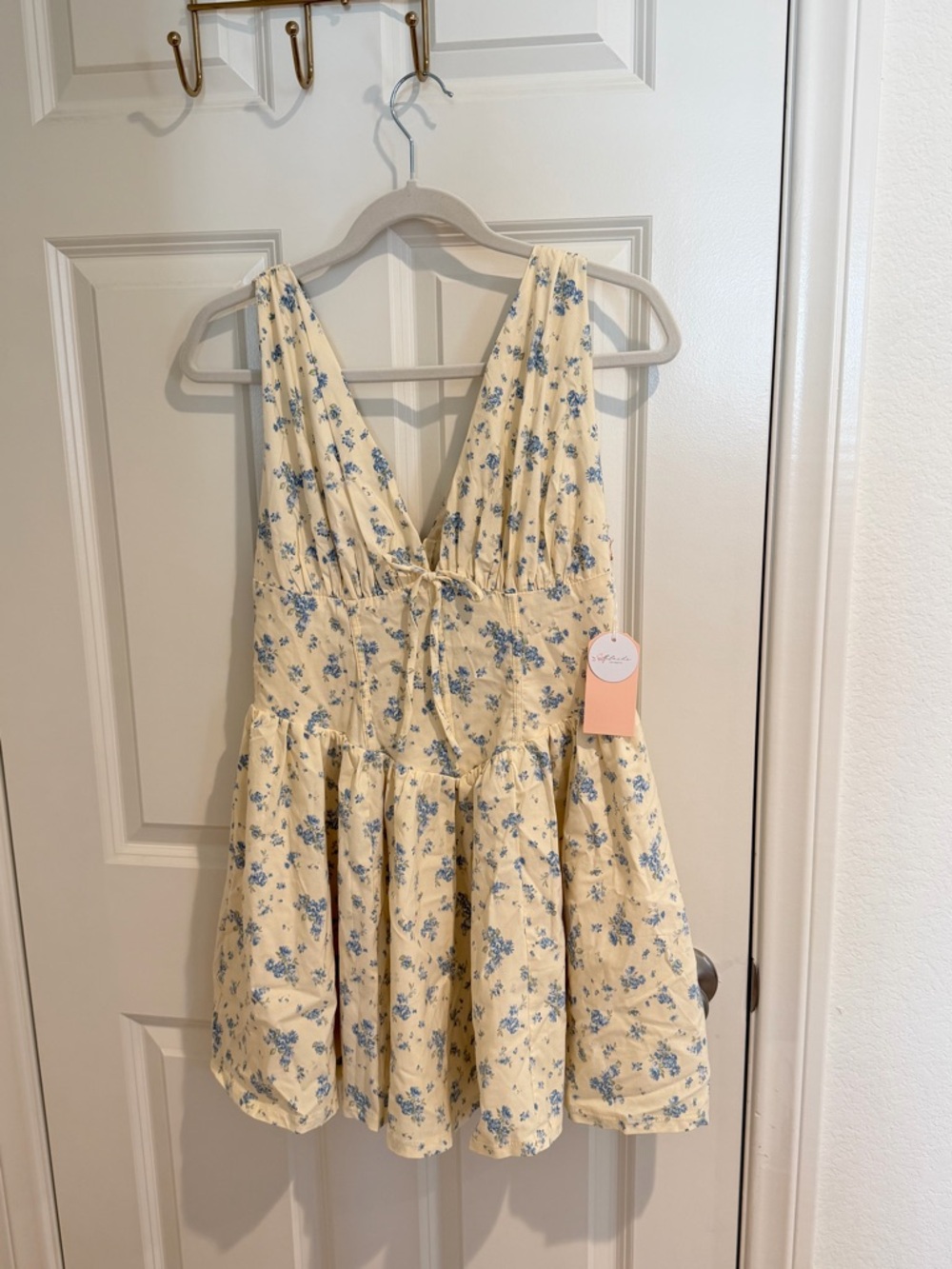 Butter Yellow Floral V-Neck Dress with Blue Blossoms